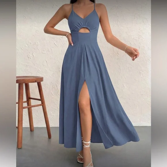 Blue Cutout Maxi Dress with Slit - Picture 3 of 6